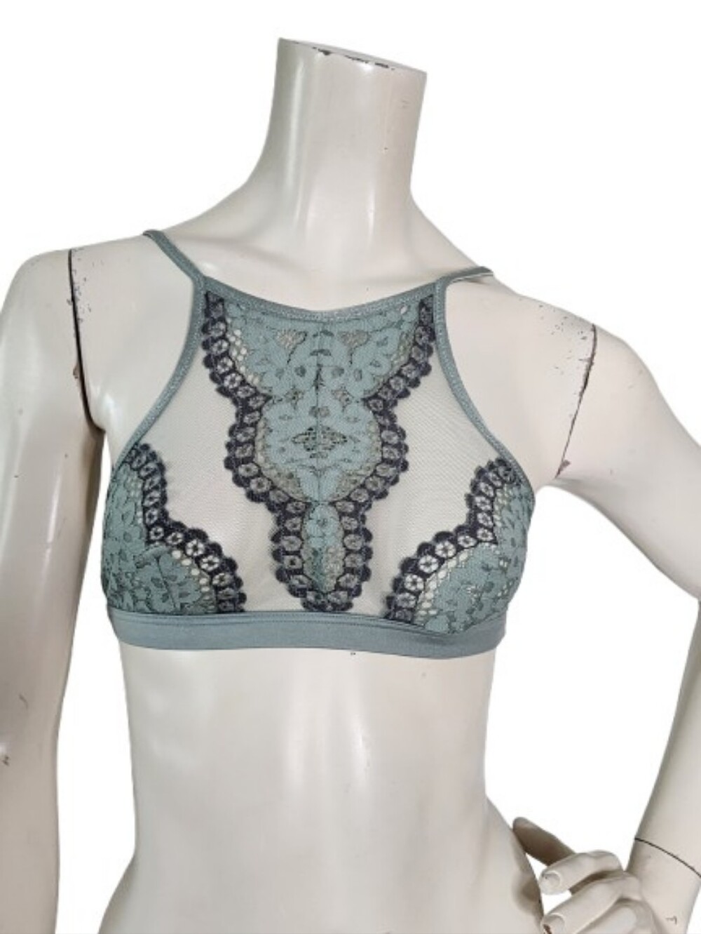 Victoria's Secret High Neck Bralette Women's XS Sage Green Mesh Lace